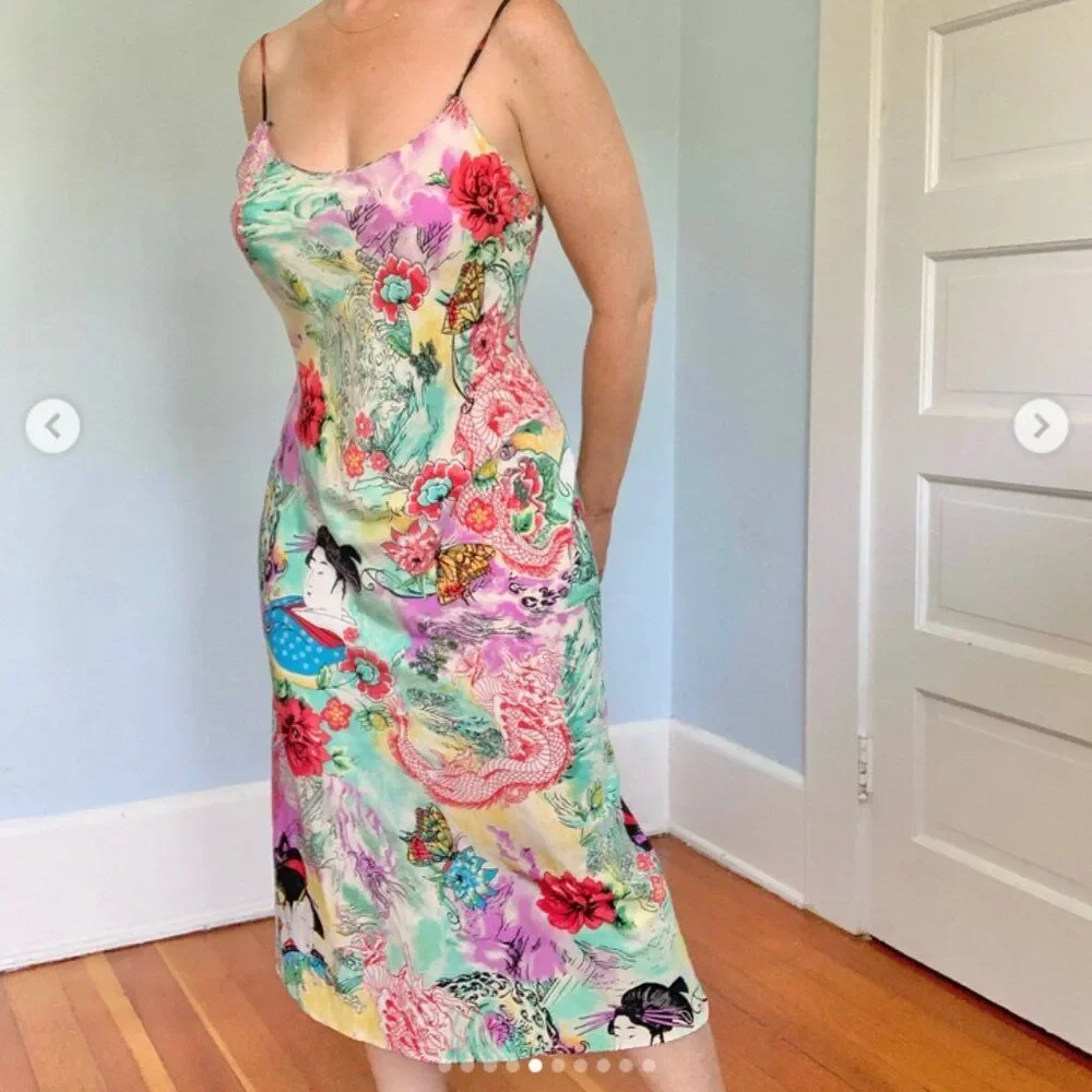 NATORI Iconic vintage GORGEOUS bias satin slip dress nightgown Geisha dragon S